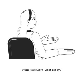 Business casual blonde woman gesturing seated in chair doodle linear character. Discussion. Female conversational pose 2D vector outline person isolated. Hand drawn drawing illustration monochrome