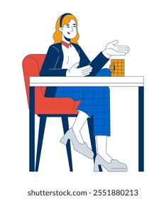 Mujer rubia casual del negocio que se sienta en el escritorio con el carácter de la historieta 2D de la taza de café. Mujer caucásica gerente coffeebreak persona aislada Vector plano sobre fondo blanco. Ilustración de punto colorido