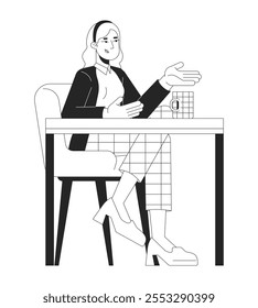 Mujer rubia casual del negocio que se sienta en el escritorio con el carácter blanco y negro de la línea 2D de la taza de café. Mujer caucásica gerente coffeebreak aislado Vector esbozo persona. Ilustración de punto monocromático