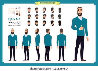 Business casual fashion. Front, side, back view animated character. Manager man character constructor with various views, hairstyles, face emotions. Cartoon style, flat vector isolated.guy male set