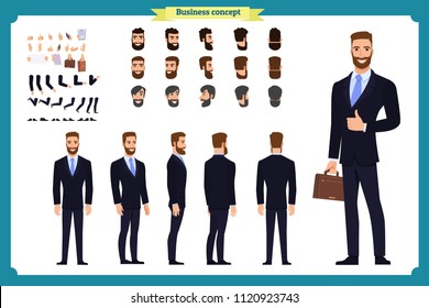 Business casual fashion. Front, side, back view animated character. Manager man character constructor with various views, hairstyles, face emotions. Cartoon style, flat vector isolated.guy male set