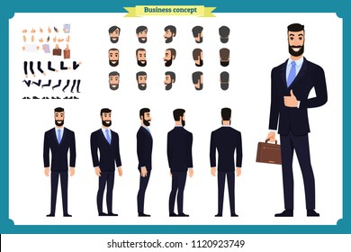 Business casual fashion. Front, side, back view animated character. Manager man character constructor with various views, hairstyles, face emotions. Cartoon style, flat vector isolated.guy male set