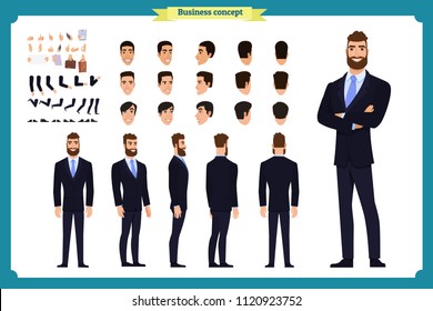 Business casual fashion. Front, side, back view animated character. Manager man character constructor with various views, hairstyles, face emotions. Cartoon style, flat vector isolated.guy male set