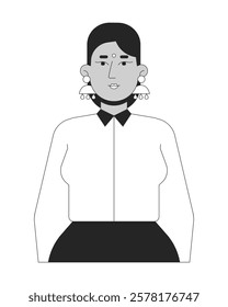 Business casual hindu woman confident hands in pockets black and white 2D line character. Indian adult female shirt businesslike isolated vector outline person. Monochromatic spot illustration