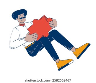 Business casual hispanic man holding large puzzle piece reclining 2D doodle character. Problem solving. Latino guy cartoon person vector drawing isolated on white. Hand drawn illustration colorful