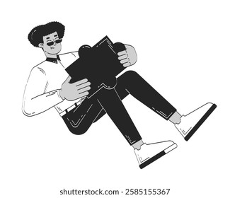 Business casual hispanic man holding large puzzle piece reclining doodle linear character. Problem solving. Latino guy 2D vector outline person isolated. Hand drawn drawing illustration monochrome