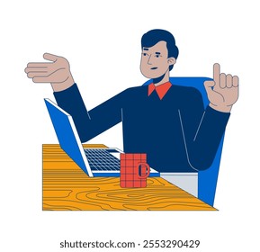 Business casual indian male employee reasoning at laptop 2D cartoon character. South asian man gesturing workplace isolated person flat vector on white background. Spot illustration colorful