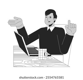 Business casual indian male employee reasoning at laptop black and white 2D line character. South asian man gesturing workplace isolated vector outline person. Monochromatic spot illustration