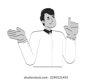 Business casual indian man explaining with raised finger doodle linear character. South asian instructor mentor teaching 2D vector outline person isolated. Hand drawn drawing illustration monochrome