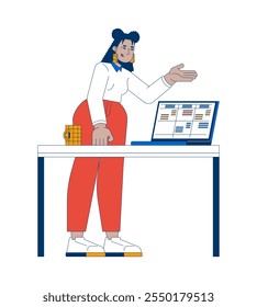 Business casual latina office worker explaining data table on laptop 2D cartoon character. Employee standing behind desk isolated person flat vector on white background. Spot illustration colorful