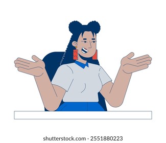 Business casual latina woman shrugging smiling at desk 2D cartoon character. Unbothered careless female hispanic young adult isolated person flat vector on white background. Spot illustration colorful