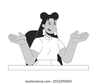 Business casual latina woman shrugging smiling at desk black and white 2D line character. Unbothered careless female hispanic adult isolated vector outline person. Monochromatic spot illustration