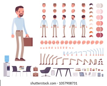 Business casual man character creation set. Stylish workwear, office city fashion. Full length, different views, emotions, gestures. Build own design. Vector illustration