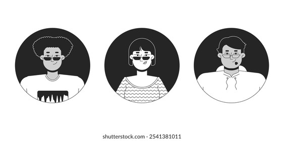 Business casual people diverse black and white 2D vector avatars illustration set. Multiracial adults outline cartoon character faces isolated. Employees flat user profile images collection portraits