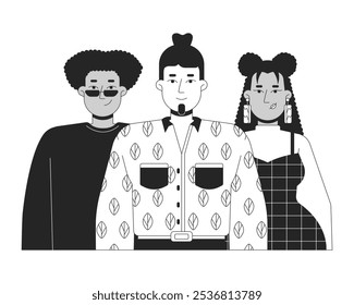 Business casual team members black and white 2D line characters. Office workers colleagues. Startup employees. Young adults multiracial isolated vector outline people. Monochromatic spot illustration