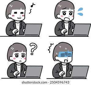 A business casual woman making various expressions in front of a computer