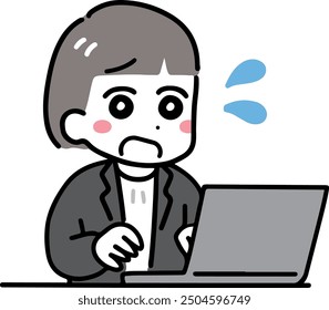 Business casual woman panicking in front of a computer