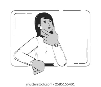 Business casual woman pondering with hand on chin in rectangle doodle linear character. Problem solving. Indian female 2D vector outline person isolated. Hand drawn drawing illustration monochrome