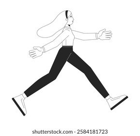 Business casual woman walking with confidence and purpose black and white 2D line character. Professional freedom. Blonde office worker isolated vector outline person. Monochromatic spot illustration