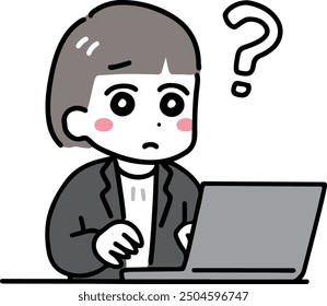 A business casual woman worrying in front of a computer