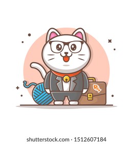 Business Cat Character Vector Icon Illustration. Cute Cat And Wool Ball, Office Bag, Animal Icon Concept White Isolated. Flat Cartoon Style Suitable for Web Landing Page, Banner, Sticker, Background