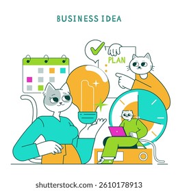 Business Cat concept emphasizing creativity and planning in entrepreneurship. Characters illustrate brainstorming and time management with a focus on innovative ideas and collaboration in a playful