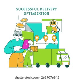 Business Cat concept. Engaging illustration depicting a cat using technology for delivery optimization. It includes maps, location markers, and a delivery truck, highlighting efficient logistics