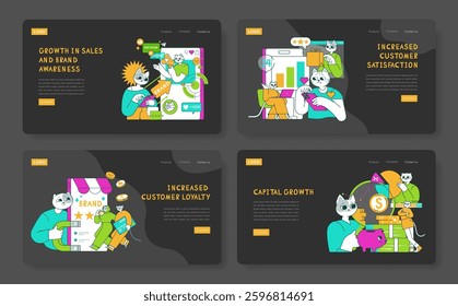 Business Cat concept. Illustrates the role of cats in business scenarios, focusing on growth strategies such as brand awareness, customer satisfaction, loyalty, and capital growth. Engaging and fun