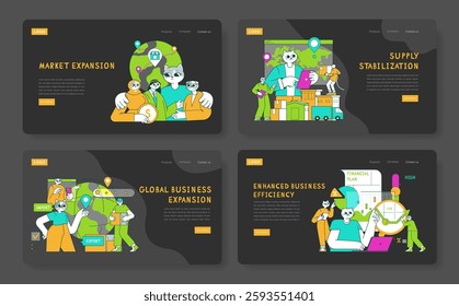 Business Cat concept. Illustrates various aspects of business strategies such as market expansion, supply stabilization, global business reach, and enhanced efficiency. Highlights teamwork and