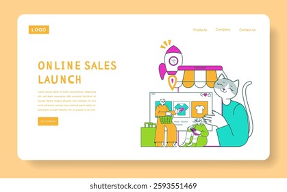 Business Cat concept. Launching an online sales platform featuring a cat assisting in digital shopping. Engaging with customers through creative merchandising and browsing experiences. Vector