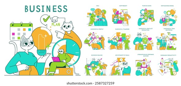 Business Cat concept. A playful exploration of feline-themed business activities. Features teamwork, project planning, and successful strategies in a creative and engaging manner. Vector illustration.