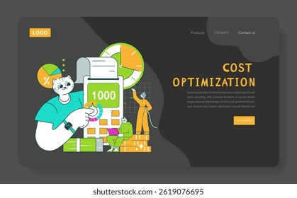 Conceito Business Cat. Uma ilustração divertida de um gato ajudando na otimização de custos através da análise de dados. Ele mostra o trabalho em equipe em finanças com calculadoras, gráficos e visuais envolventes. Vetor