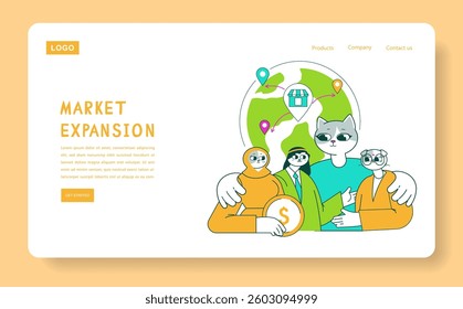 Business Cat concept. This illustration showcases a group of anthropomorphic animals engaged in discussions about market expansion. Ideas of collaboration are visually represented through their