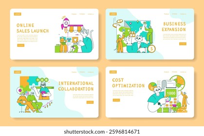Business Cat concepts for online sales launch, business expansion, international collaboration, and cost optimization. Fun, engaging visuals illustrate key business strategies. Vector illustration.
