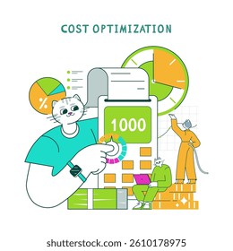 Business cat engaged in cost optimization, analyzing financial data with tools and visualizations. The scene illustrates teamwork in achieving financial efficiency and strategic planning.