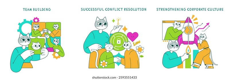 Business Cat illustration. Engaging team building, effective conflict resolution, and enhancing corporate culture are vital for workplace success. A fun and innovative approach using cat characters