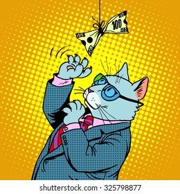 Business Cat And Money. Businessman Animal Character The Concept Of Financial Success Pop Art Retro Style