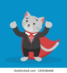 Business cat in red cloak. Hero in office suit. Brave superhero character. Idea of power and motivation.