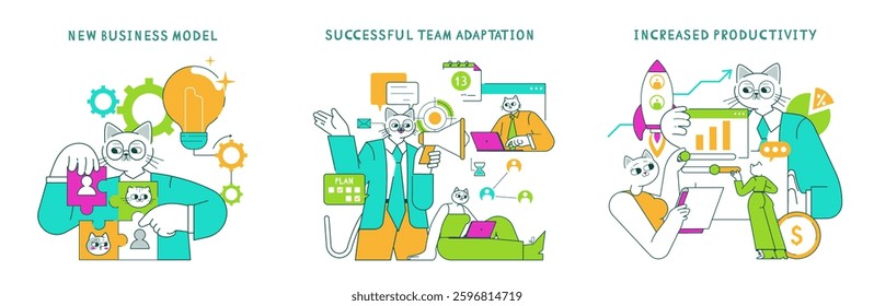 Business Cat set. Illustrates modern business themes with a cat character. Emphasizes new business models, team adaptation, and productivity. Engaging visuals resonate with professional growth. Vector