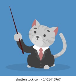 Business cat in the suit holding pointer in a paw. Manager on presentation, seminar.