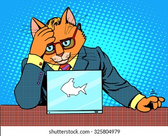 Business cat works on a laptop. The businessman in the form of the character of the animal. The business concept and technology office pop art retro style