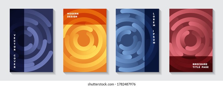 Business catalog covers templates. Tech newsletter circles swirl vector backdrops. Aim goal achievement circles concept. Flat magazine title pages collection.