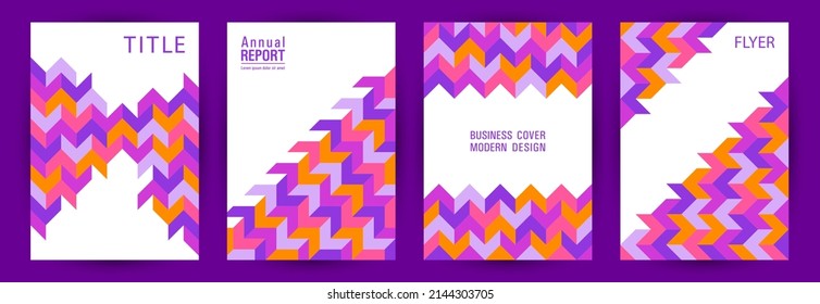 Business catalog front page template set graphic design. Memphis style futuristic journal layout set Eps10. Mosaic geometric elements theme vertical card design