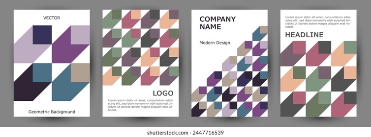 Business catalog front page template collection graphic design. Memphis style isometric certificate mockup collection vector. Mosaic geometric shapes pattern vertical card design