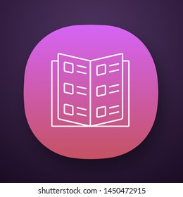 Business catalog, reference book app icon. UI/UX user interface. Web or mobile application. Catalogue, restaurant menu vector isolated illustration. Items descriptions list, Information booklet