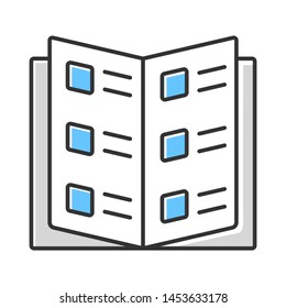 Business catalog, reference book color icon. Catalogue, restaurant menu isolated vector illustration. Opened school textbook, contact journal. Items list with descriptions. Information booklet