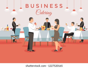 Business Catering Concept. Corporate Meeting Banquet Event. Professional Staff in Restaurant. Banquet Event Order. People and Restaurant Interior in Background. Vector Flat Illustration.