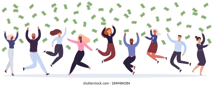 Business celebrating. Happy business team celebrating victory, jump under money rain, falling cash. Successful business people vector illustration. Diverse employees catching banknotes