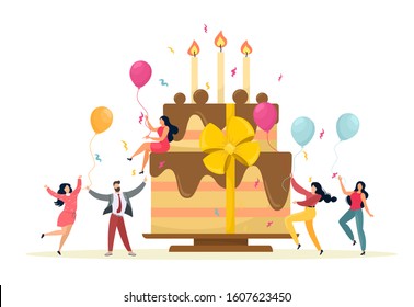 Business celebration concept. Team celebrates company anniversary. Vector illustration in cartoon flat style. White background.