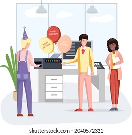 Business celebration concept. Team celebrates birthday party in office, congratulate colleague in printing house. Workers organize holiday. Entertainment at workplace team giving balloonns and gift